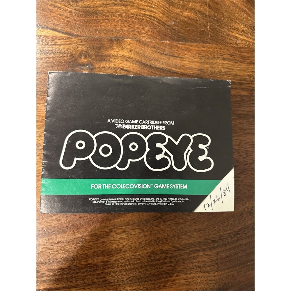 Popeye Colecovision MANUAL ONLY Insert Instructions